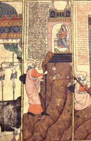 Scenes from the life of R. Llull in the year 1263 – Mystical visions of Christ crucified. Pilgrimage to Our Lady of Rocamadour, France. Pilgrimage to Santiago de Compostela, Spain. (Dated 1325, the benefactor was a disciple of Llull.)