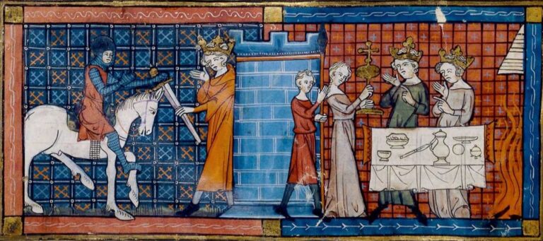Manuscript detail from Perceval, the Story of the Grail by Chrétien de Troyes. Paris, National Library of France, Français 12577, 18v. 14th Century.