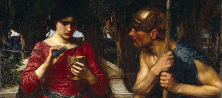 Jason and Medea by John William Waterhouse. A sitted woman in a red dress adds a small bottle of some kind of liquid to a gold chalice, looking anxious. A man with a golden helmet and blue toga sits next to her, looking at what she is doing and holding a spear.